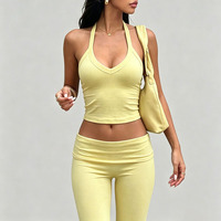 Débardeur court côtelé pour femme, col halter en V, dos nageur, coupe ajustée, maintien élevé, extensible dans les quatre sens, pour le yoga et la gym