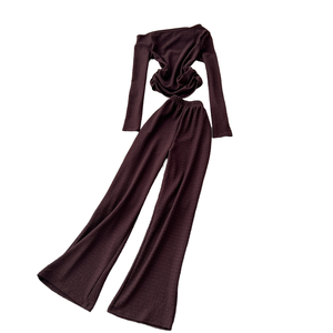 TPY0 Vente en gros Automne Casual Ensemble 2 pièces en tissu tissé uni, haut et pantalon de jogging mi-long, tissu peigné, ensembles pour femmes - Product Image 6