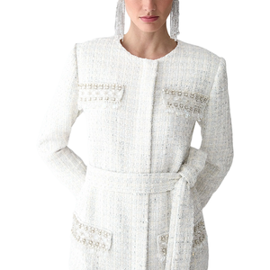 <span class=keywords><strong>Manteau</strong></span> en tweed <span class=keywords><strong>blanc</strong></span> argenté pour femme <span class=keywords><strong>avec</strong></span> strass poitrine décorative <span class=keywords><strong>ceinture</strong></span> naturelle manches longues col rond vêtements d'extérieur d'hiver longs - Product Image 2