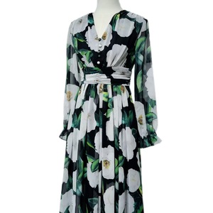 AELESEEN 2025 Robe élégante d'été en mousseline de soie de haute qualité pour femmes Vert à manches longues Feuilles blanches Fleur imprimée sicilienne Fête de plage - Product Image 6