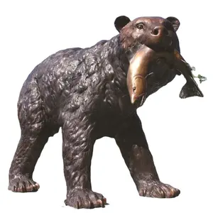 金属动物雕像真人大小青铜熊吃钓鱼雕塑出售