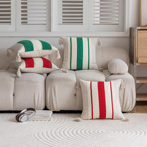Christmas Red Green <b>Striped</b> Tassel Pillowcase Square Cotton Removable Home Decor <b>Cushion</b> Cover - Product Image 1