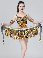 Falda corta de lentejuelas para danza del vientre, cinturón de chifón, cadena para la cintura, envoltura brillante dorada para mujer, disfraz de carnaval para escenario