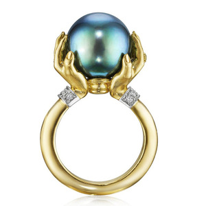 Anello Stile Perla Nera, Gioiello Elegante da Donna, Regolabile, Bicolore in Lega di Rame, Anello Minimalista - Product Image 2