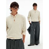 Pull classique pour homme en maille torsadée épaisse, col montant à demi-zip, fermeture éclair, anti-plis, anti-rétrécissement, automne