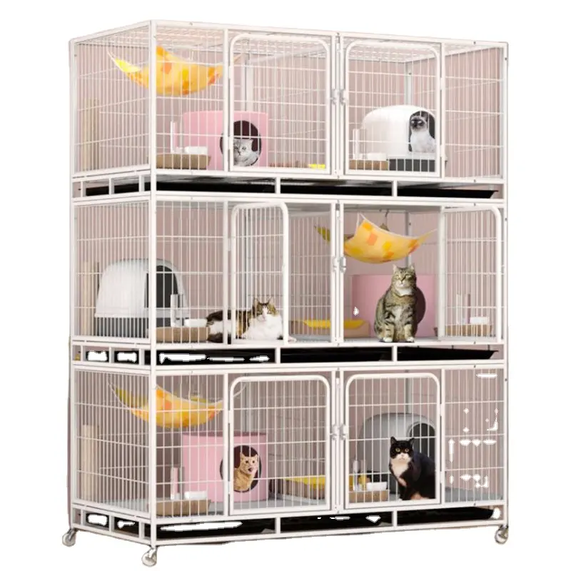 Outdoor Animal Cage Metal Pet Breeding Cage Stainless Steel Wire 6-Door 3-Layer Cat Cage With Wheels