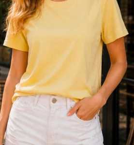 <b>Women's</b> <b>Yellow</b> Solid Breathable Knitted Crew Neck Short Sleeve Casual <b>T</b>-<b>Shirt</b> Regular Fit Summer Basic Top - Product Image 3