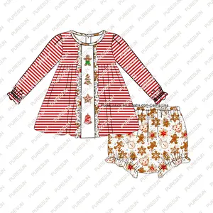 Puresun-Conjunto de ropa de Navidad para niños, bonito bordado de jengibre con volantes de manga larga, boutique, 2022