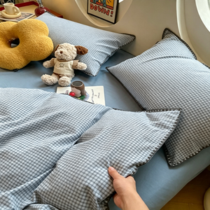 Juego <span class=keywords><strong>de</strong></span> Ropa <span class=keywords><strong>de</strong></span> <span class=keywords><strong>Cama</strong></span> <span class=keywords><strong>de</strong></span> Algodón con Borde Cosido Tipo Waffle, Transpirable, con Diseño a Cuadros, <span class=keywords><strong>para</strong></span> Hogar, Dormitorio y Hotel - Product Image 2