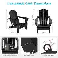 Ensemble de 2 chaises Adirondack modernes en HDPE, chaises pliantes durables pour l'extérieur avec porte-gobelets pour pelouse, patio, terrasse et foyer - Noir