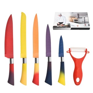 Ensemble de 6 couteaux de cuisine antiadhésifs colorés, lames en acier inoxydable, manche antidérapant en PP, avec éplucheur, boîte colorée pour la vente en supermarché - Product Image 1