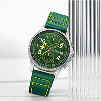 Montre Chronographe d'Aviation Tendance Homme, Bracelet en Cuir Vert, Aiguille Avion Lumineuse, Montre à Quartz avec Guichet de Date