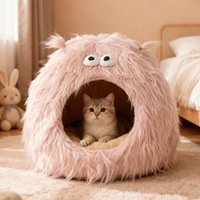 Nid douillet semi-fermé pour animaux de compagnie, idéal pour l'hiver, pour petits chiens et chats, motif uni, style dessin animé, sac de couchage universel quatre saisons