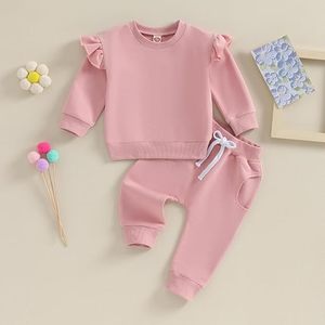 Set di vestiti per neonata, <span class=keywords><strong>felpa</strong></span> con maniche arricciate + pantaloni, 2 pezzi, completo in morbido cotone per abbigliamento casual per neonati - Product Image 3
