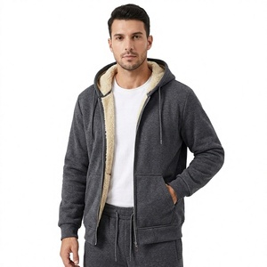 Men's Heavyweight <b>Zip</b> <b>up</b> <b>Hoodie</b> Solid <b>Grey</b> Sherpa Lined Winter Tracksuit Top Front Logo Casual - Product Image 1