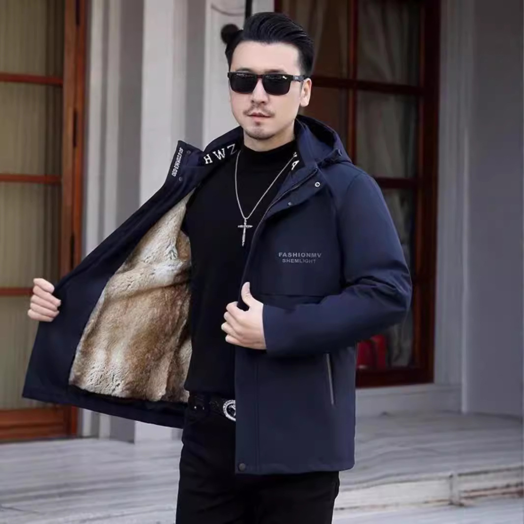 Cappotto blu tibetano in pelo di coniglio con maniche - anti-pelucchi incluso