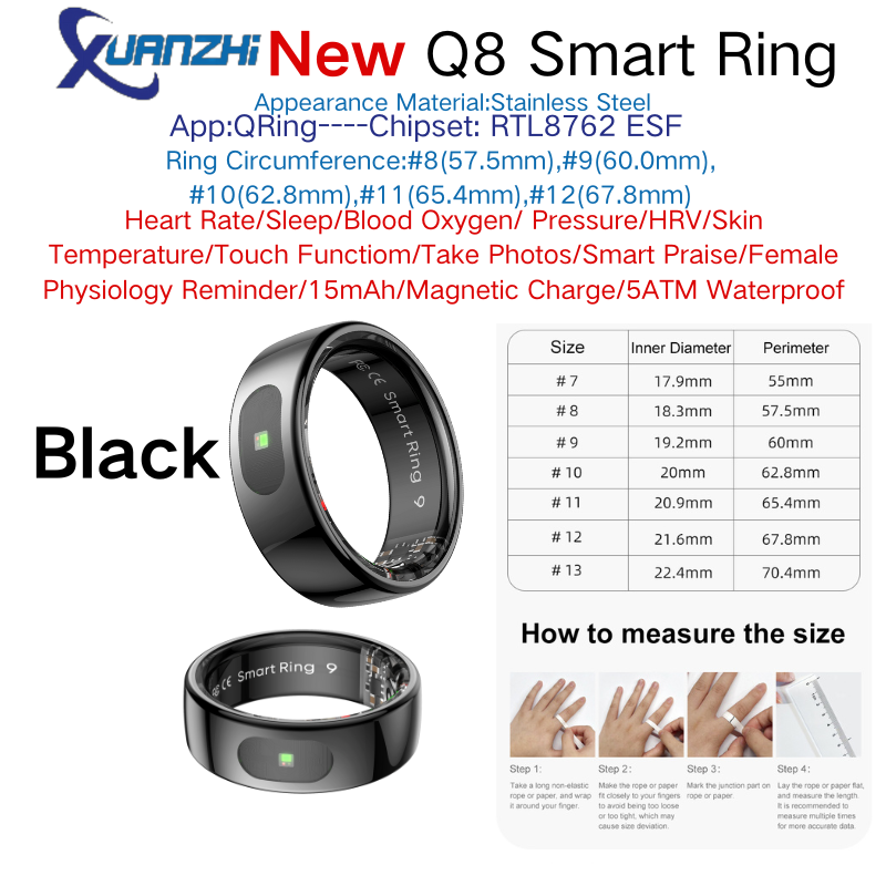 Xuanzhi-Q8-health-sleep-touch-smart-ring noir