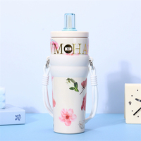 Bouteille d'eau isotherme classique en acier inoxydable de 710 ml avec paille, motif fleur rose, tasse thermos pour café, idéale pour le bureau