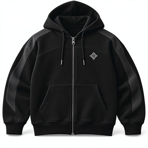 Sweat-shirt à capuche zippé noir pour homme, manches raglan, cordon de serrage, logo sur le devant, style décontracté - Product Image 1