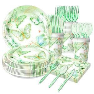 Vente en gros de nouvelle vaisselle papillon vert design pour fête d'anniversaire comprenant une assiette en <span class=keywords><strong>papier</strong></span> gobelet en <span class=keywords><strong>papier</strong></span> essuie-tout tirer drapeau disposition - Product Image 2