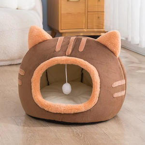 <span class=keywords><strong>Lit</strong></span> pour chat d'intérieur, grotte avec coussin amovible, tente en peluche pour animaux <span class=keywords><strong>de</strong></span> compagnie, design oreilles <span class=keywords><strong>de</strong></span> dessin animé, <span class=keywords><strong>pompon</strong></span>, chaton, chiens, chiot, lapin, maison pour chats avec oreilles - Product Image 1