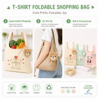 Sac de courses pliable en polyester grande taille avec pochette de rangement en peluche motif ours imprimé dessin animé original, sac d'épicerie réutilisable |   Personnalisé