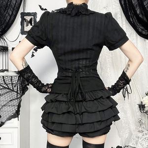 고딕 스타일 블랙 레이스 트리밍 버튼 프론트 & 스탠드 칼라 블라우스 - 도매 빅토리아풍 반팔 고딕 탑 - Product Image 2