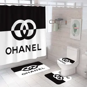 사용자 정의 럭셔리 도매 브랜드 로고 3D 인쇄 욕실 매트 세트 샤워 커튼