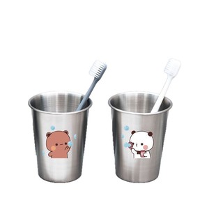 แก้วแปรงสีฟันสแตนเลสบับเบิ้ลแบร์ชุดคู่ ดีไซน์การ์ตูน แก้วล้างปากแบบเรียบง่ายสำหรับใช้ในห้องน้ำ - Product Image 4