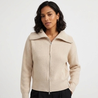 Cardigan en cachemire 100% à double fermeture éclair OEM pour femme, col roulé oversize, rayé, en laine tricotée épaisse et chaude pour l'hiver