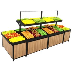 Tavolo Espositivo in Legno a Doppia Faccia con Piano Inclinabile per Verdure da Supermercato - Product Image 3