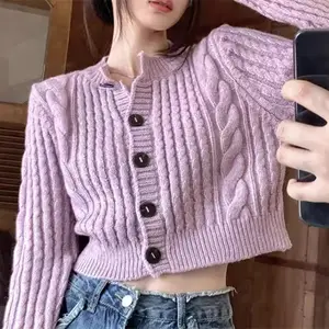 Vintage purple small fragrance Fried Dough Twists sweater autumn and winter wear cardigan small short knitting top