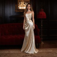 Robe de soirée dorée à sequins, plissée effet froissé, métallisée, col bénitier, bretelles spaghetti, collier ras du cou, pour soirée, fournisseur personnalisé, vente en gros