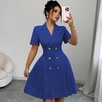Robe Blazer Femme Manches Courtes Double Boutonnage Col V Taille Haute Élégante Professionnelle pour le Bureau