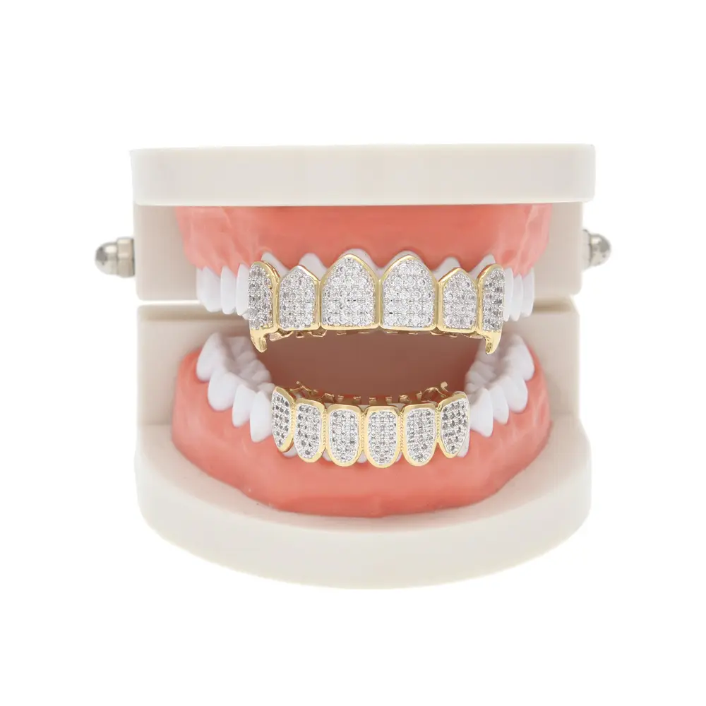 Hip Hop Iced Out Teeth Grillz 18K Gold Platinum Plated Grillz Fangs Rapper Body Jewelry Gift