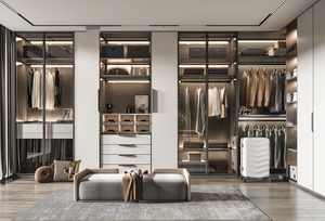 Maison Villa Chambre à coucher Vêtements Placage de bois Promenade dans les armoires Armoire de chambre Moderne Construire dans l'armoire Placard Design - Product Image 2