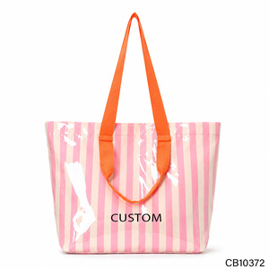 Sac fourre-tout en PVC rayé pour femmes, avec doublure en polyester, imperméable, grande capacité, détails brodés, pour femmes - Product Image 1