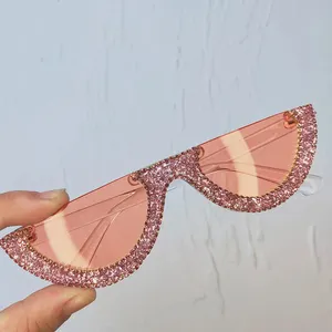 Half Frame Luxury Brand Designer Pink Diamond Sunglasses For Women 2024 Waning Moon Crystal Sun Glasses Lunettes De Soleil Femme