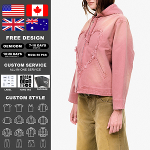 Chaqueta con capucha vintage lavada con parches de corazón personalizados para hombre, abrigo exterior con cremallera y diseño de corazón deshilachado, venta al por mayor de fábrica - Product Image 2