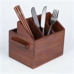 Solid Wood Cutlery Storage Rack Rectangular <b>Open</b> Top With Compartments Standing Type Kitchen Tableware Organizer - Product Image 1