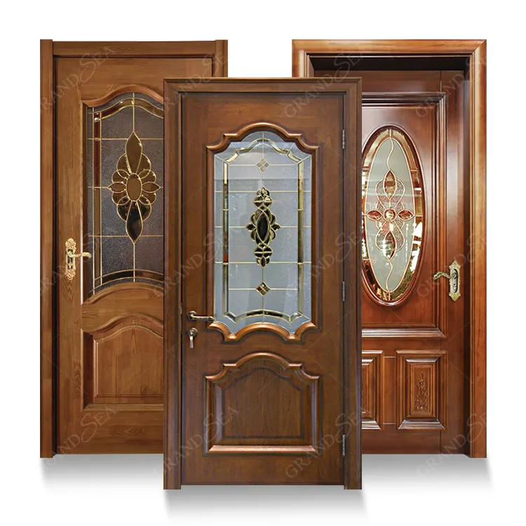 Porta de madeira de uso residencial, design de porta principal, quarto, porta de madeira sólida interna com vidro para casas