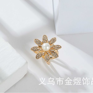 Gold Alloy Pearl Rhinestone Flower Ring Buckle For Scarf Fashion Accessory - Product Image 3