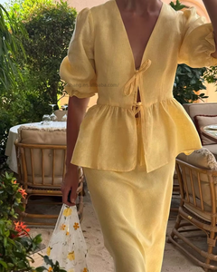 Women's Summer New <b>Bubble</b> Sleeve V-neck Tie <b>Tops</b> High Waisted Skirt 2 Piece Set Fashion - Product Image 5