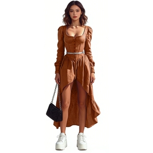 Vestido Midi Asimétrico para Mujer - Cuello Cuadrado, Manga Larga, Detalle de Botones, Vestidos para Mujer, Ropa de Mujer, Moda - Product Image 2