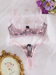 Ensemble de lingerie sexy pour femmes, maille brodée florale, doux et énergique, avec soutien-gorge à armatures - Product Image 3