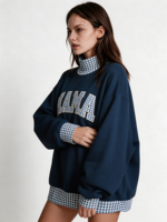 Sweat-shirt à col montant brodé patchwork pour femme, en mélange de coton, manches longues, style décontracté, pull d'automne, vente en gros