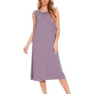 Women's Nightgown Short Sleeve Soft Smocked Sleepwear Viscose Bamboo Fabric Mid Length Dress Custom Cotton <b>Pyjama</b> Dress - Product Image 1