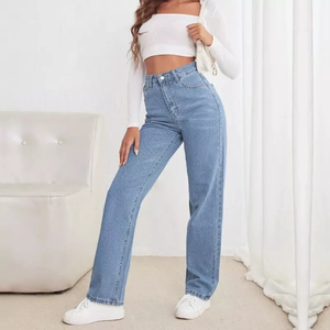 Jean Denim droit délavé taille haute pour femme - Product Image 1