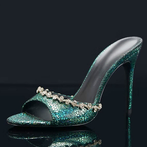 Sandalias Verdes de Diseño Sencillo para Mujer, Talla Grande 45, Zapatos de Tacón Alto Stiletto para Pies Anchos, con Cadena de Diamantes, Tipo Mules - Product Image 4