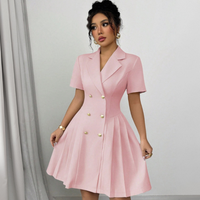 Robe Blazer Femme Manches Courtes Double Boutonnage Col V Taille Haute Élégante Professionnelle pour le Bureau